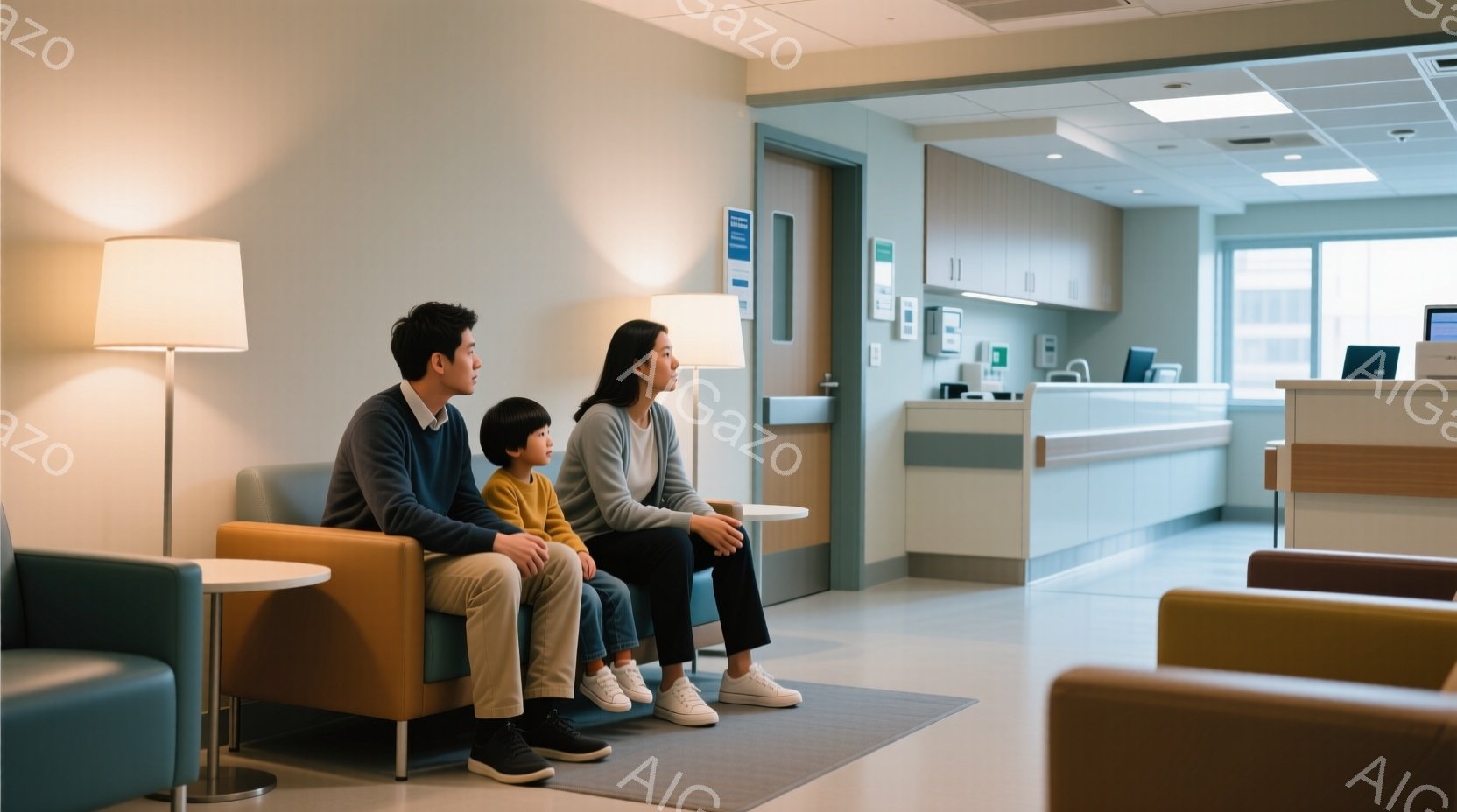 病院の待合室で、若い男性、女性、そして子供がソファーに座っています。男性はセーターとチノパンを着用し、女性はシンプルな服装で、子供はオレンジ色のセーターとスニーカーを履いています。背景には受付カウンタ - AI生成フリー素材