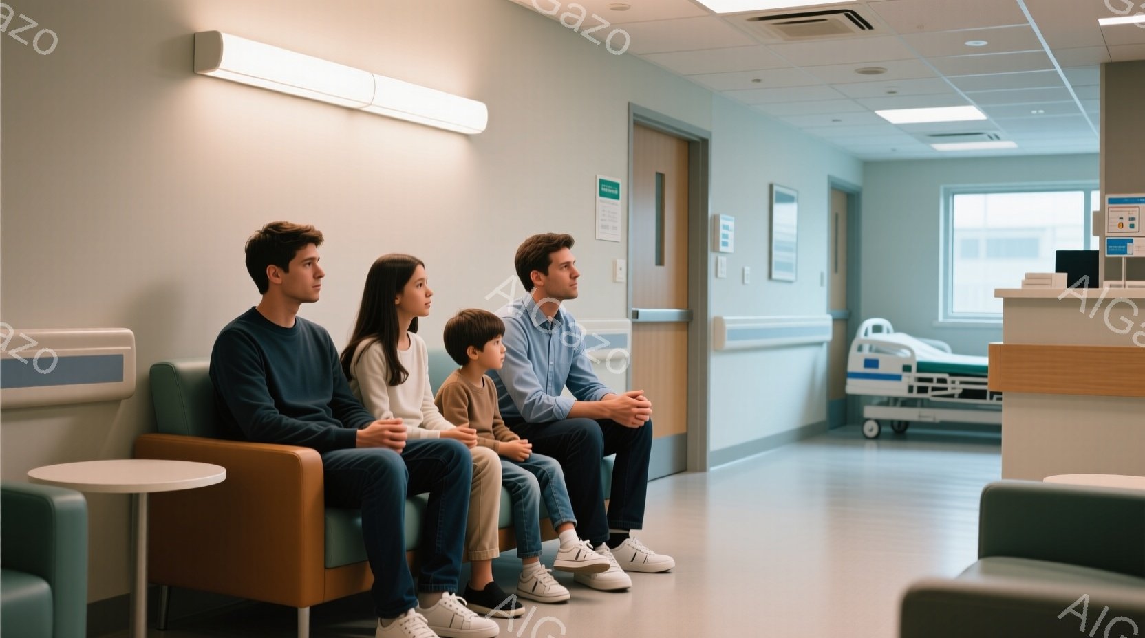 家族が待機室で対面する男性と話す。男性は白のシャツを着用し、注意深い表情を見せる。女性はスカートと標準的な上下服を着用しています。家族は応接室で落ち着いた様子で、静かな状態にあります。