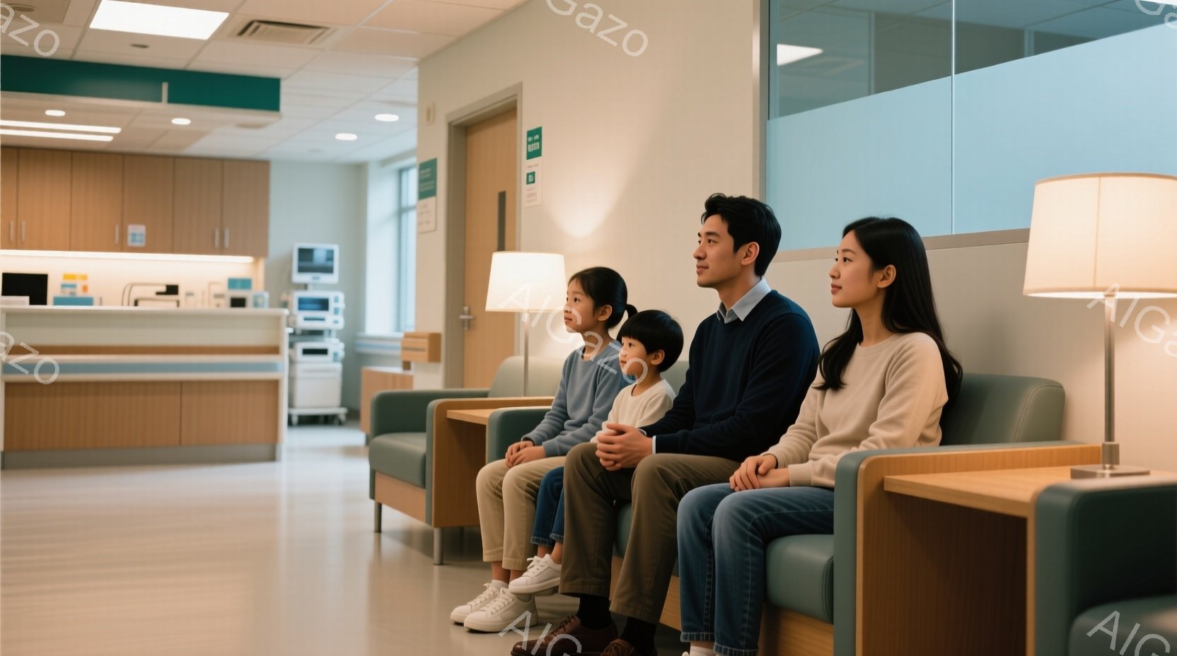 病院の待合室で、一組の家族が青いソファーに座って待っている様子が描かれています。父親は紺色のシャツに黒いズボン、母親はベージュのセーターにジーンズ姿で、それぞれリラックスした表情をしています。二人の子 - AI生成フリー素材