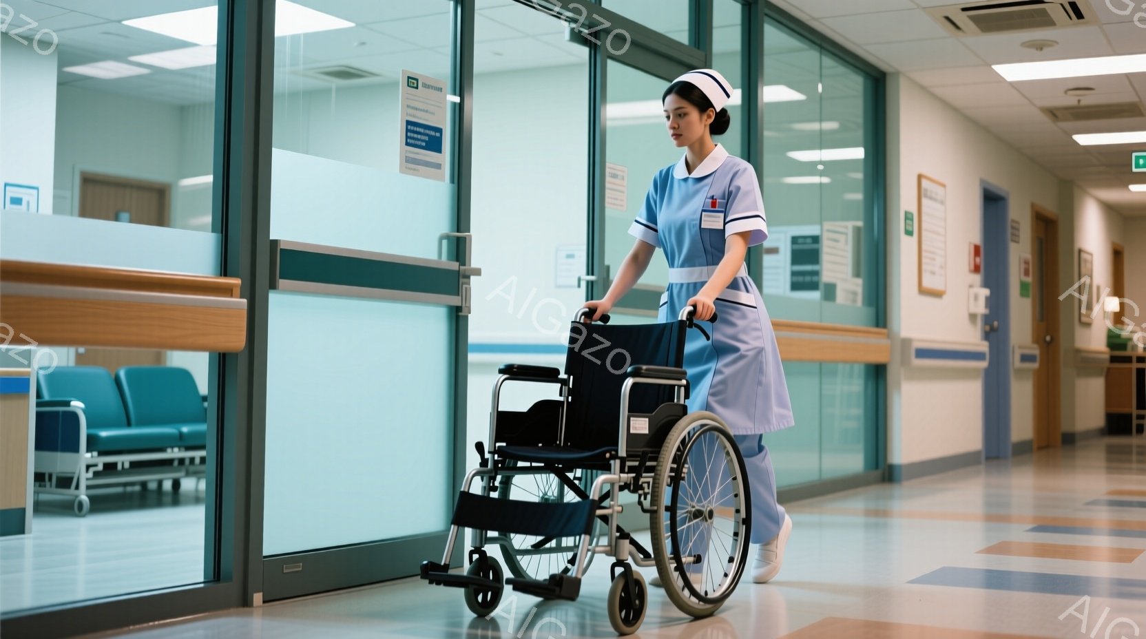 看護師が病院の廊下を車椅子を押している。彼女は白い看護師服と帽子を着用し、真剣な表情で前を見据えている。廊下は清潔で明るく、青色のアクセントが施され、他の患者を待つ待合室が見える。