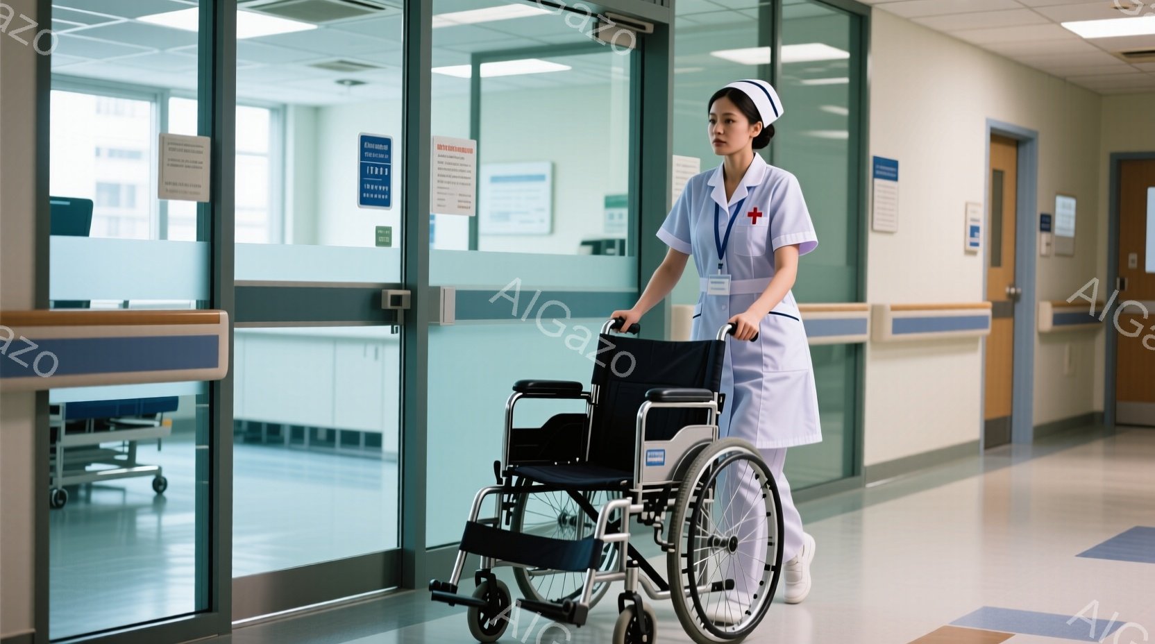 この、女性看護師が中心的存在となっています。彼女はユニフォームを着用し、髪型はショートヘアです。彼女は慎重に回転しながら、手に持ったベッドの上にある老人を支えています。 雰囲気は非常に親切で、自分や他人を支える行動が強調されます。人間のケアと優しさを表すものであり、それは恩返事のように響きます。