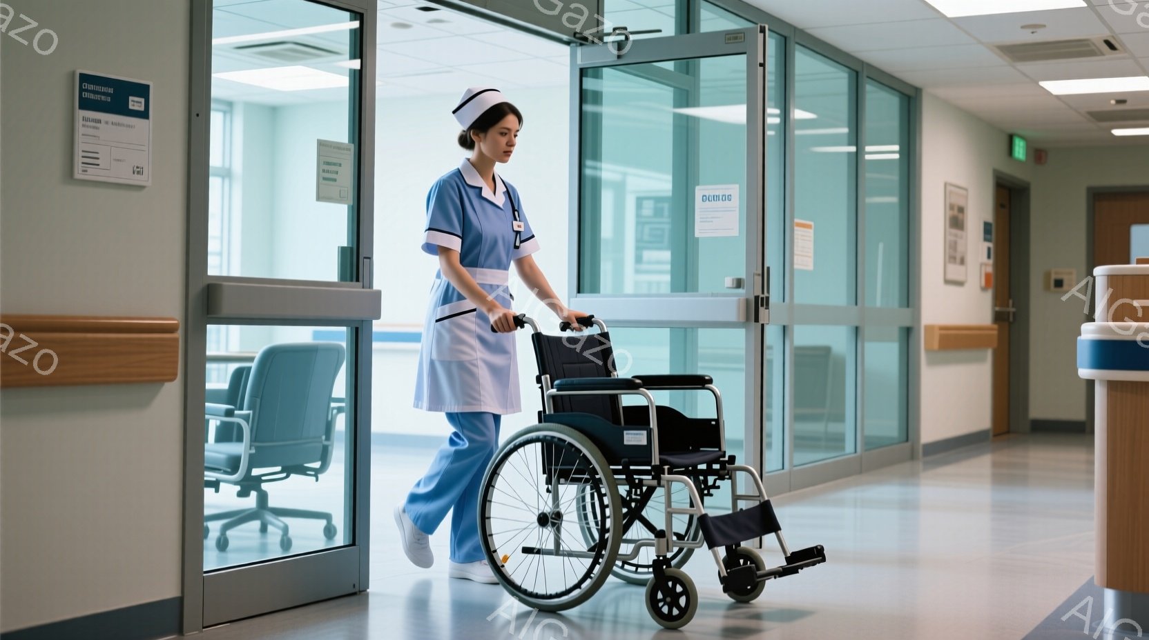 看護師は病院の廊下を車椅子を押している。彼女は青い看護師服、白い靴、そして髪を後ろでまとめている。廊下は明るく、清潔で、病院の部屋が並んでいるのが見える。