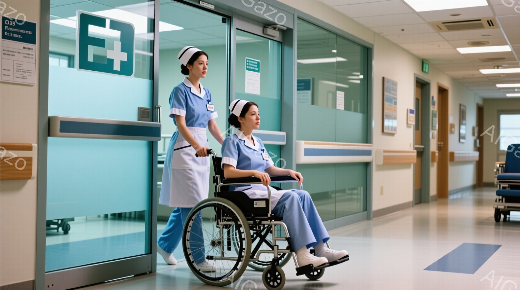 看護師が車椅子を押しており、患者と思しき女性が座っています。二人は病院の廊下にいて、清潔で明るい雰囲気です。背景には他の待合椅子や防火表示があり、医療機関であることがわかります。