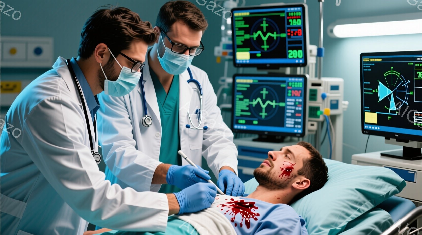 白衣とマスクを着用した男性医師が、頭部に負傷した患者の顔の横を診察している。患者はベッドに仰向けになり、顔や胸に血が広がっているのが見える。背景には医療機器やモニターが並び、病院の緊急治療室のような雰囲気で、緊迫感がある。