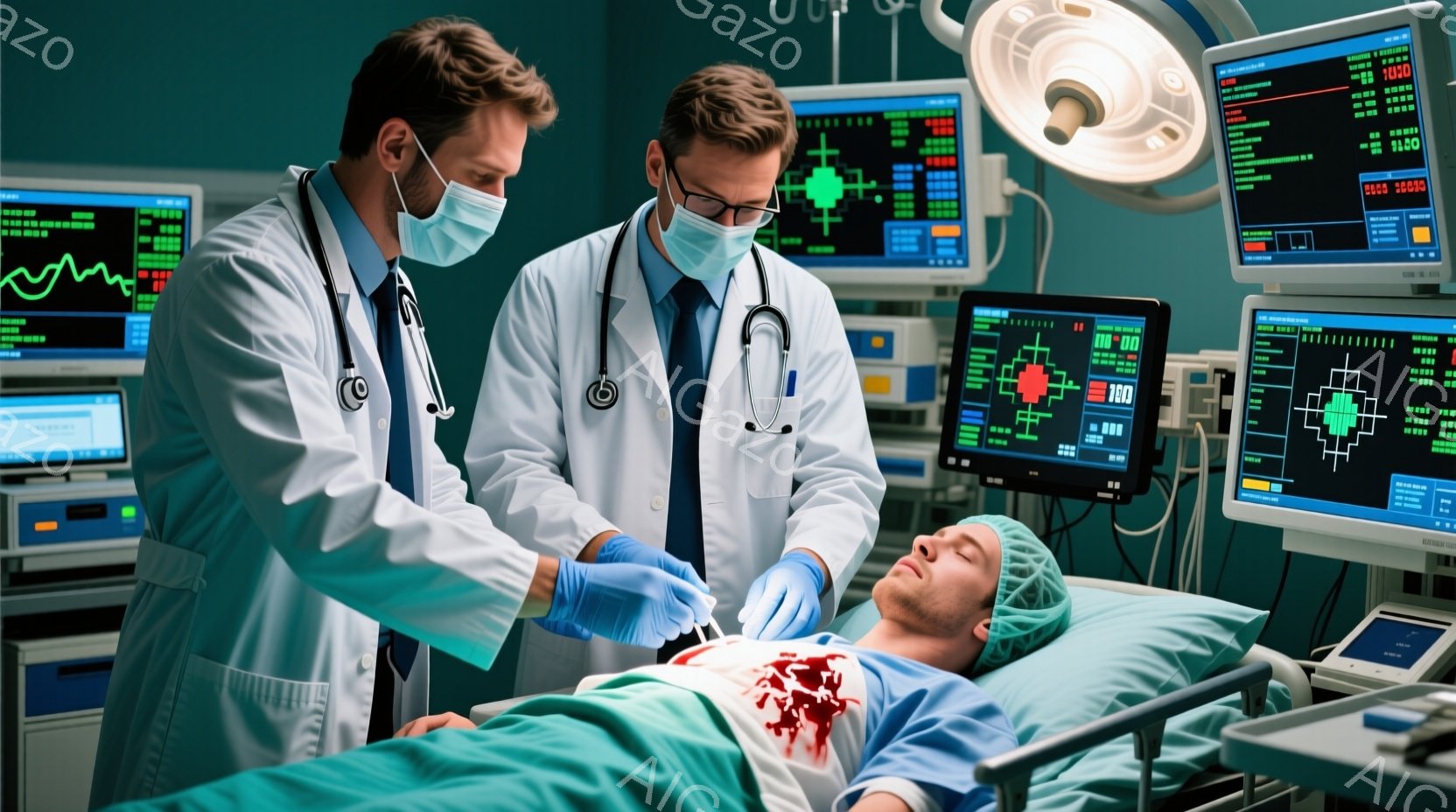 手術室で、二人の医師が患者の治療に集中している様子が写っている。医師たちは白衣とマスクを着用し、青い手袋をはめて患者の首にメスを当てている。背景には様々な医療機器やモニターが並び、緊急事態であることを示唆する緊迫した雰囲気が漂っている。