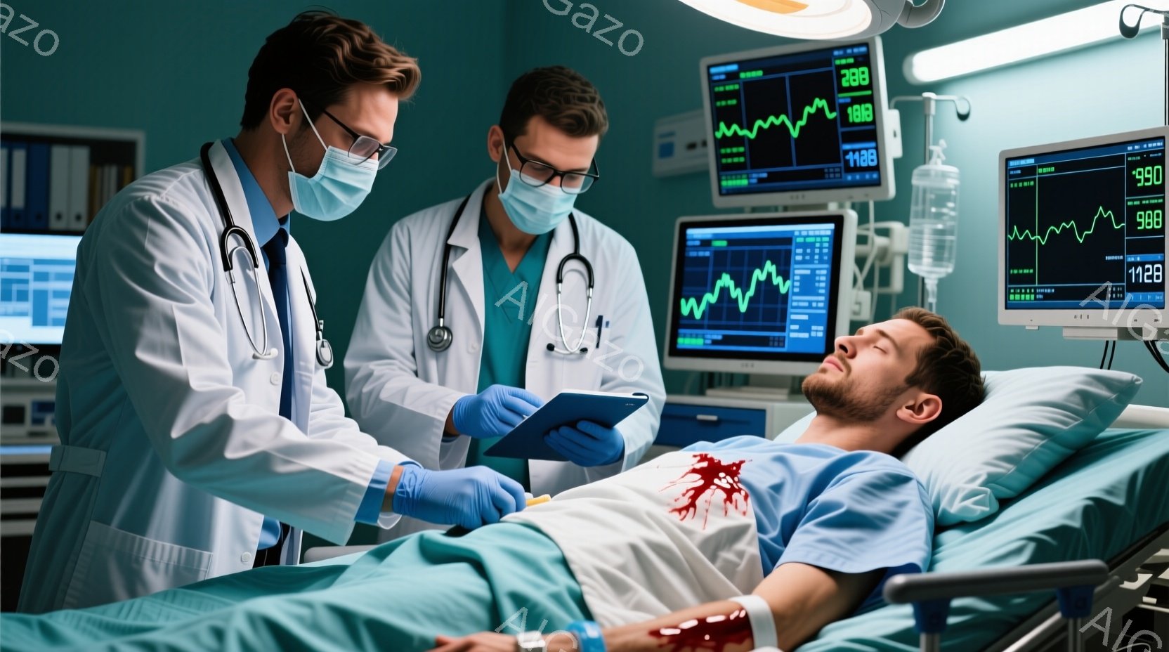 白衣を着た二人の医師が、負傷した患者のベッドサイドに立っている。患者はベッドに仰向けになり、顔には苦痛の色が見え、腕には血が広がっている。背景には医療機器のモニターが並び、病院の一室であることがわかる。