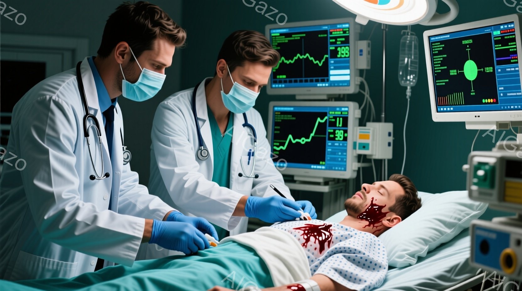 医療従事者と思われる二人の男性が、ベッドに横たわる負傷した男性の治療にあたっている。医療従事者は白衣を着用し、マスクと青い手袋を付けており、集中した表情で負傷者の状態を確認している。背景には医療機器が並び、モニターには心電図などのデータが表示されており、緊急性の高い医療現場の雰囲気が漂っている。