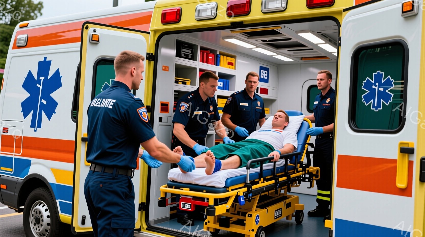 救急隊員と思われる男性たちが、救急車の後部からストレッチャーに乗った患者を運び出している様子が写っている。彼らは紺色の制服を着ており、短髪で真剣な表情をしている。背景には緑豊かな木々が見え、晴天の下、救急車の鮮やかなオレンジ色が際立っている。