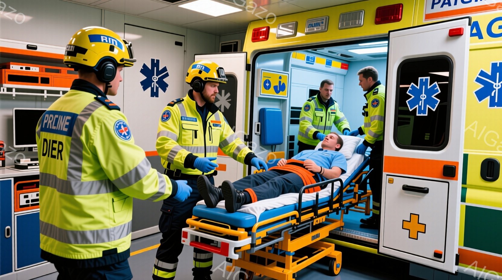 救急隊員たちは蛍光色のジャケットと黒いズボンを着用し、ヘルメットをかぶっています。彼らはストレッチャーに横たわる負傷者を救急車から運び出そうとしており、顔には真剣な表情が浮かんでいます。背景には救急車 - AI生成フリー素材