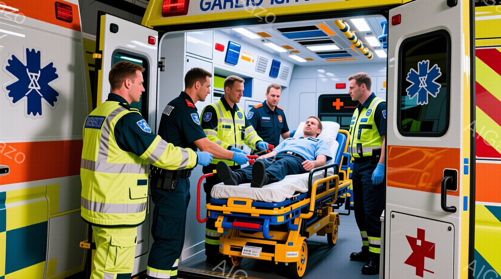 救急車の内部で、数人の救急隊員が患者をストレッチャーに乗せて手当している様子が描かれています。隊員たちは蛍光黄緑色の反射ベストと紺色の制服を着ており、真剣な表情で患者の容態を確認しています。救急車の内部は白を基調とした清潔な空間で、医療機器や収納スペースが整っています。
