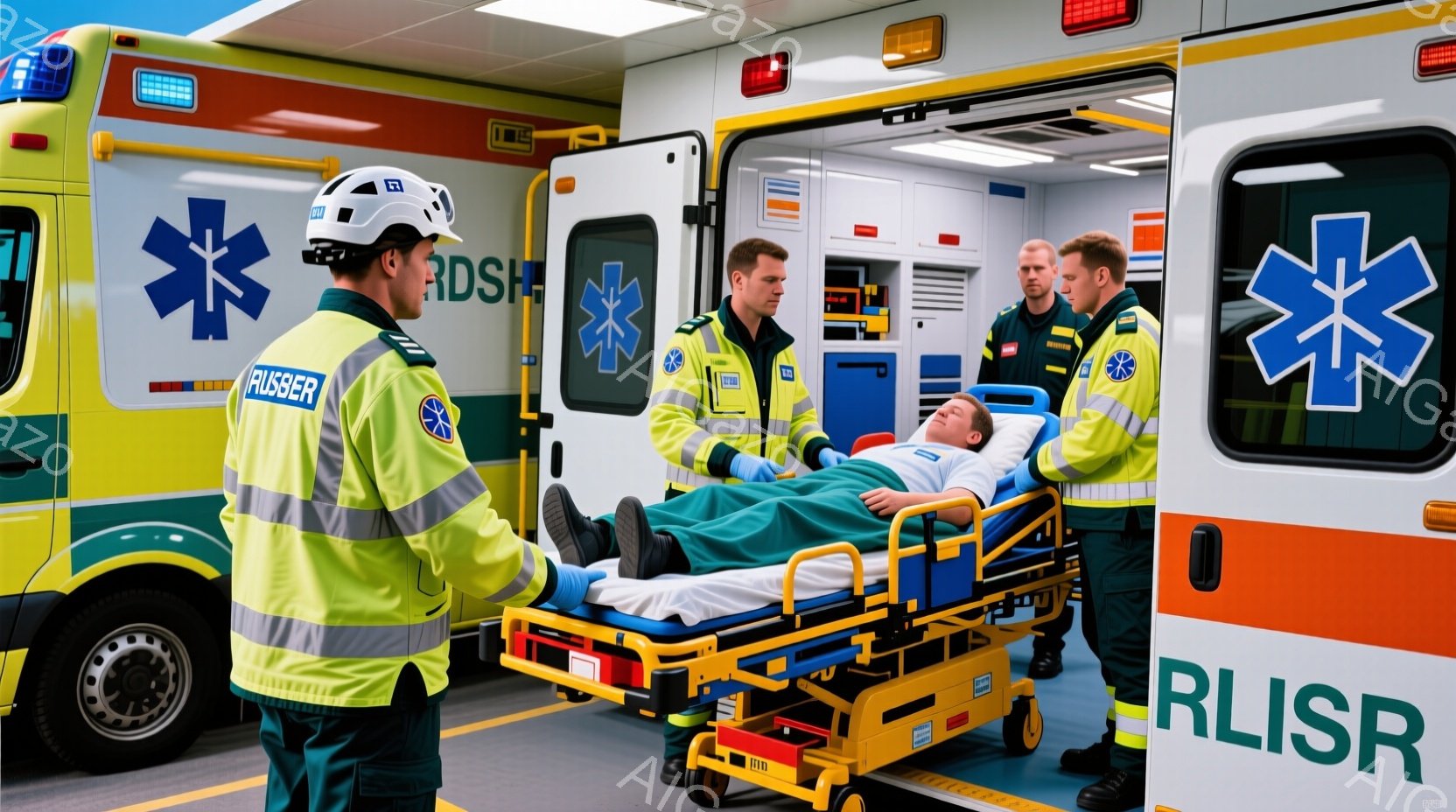 救急隊員たちは、救急車内にて患者をストレッチャーから運び出そうとしている様子が描かれています。彼らは全員、反射素材の入った蛍光緑色のユニフォームを着用し、黒い髪型で、真剣な表情をしています。救急車内は清潔で明るく、医療機器が整っており、緊急事態に対応できる環境が整っています。