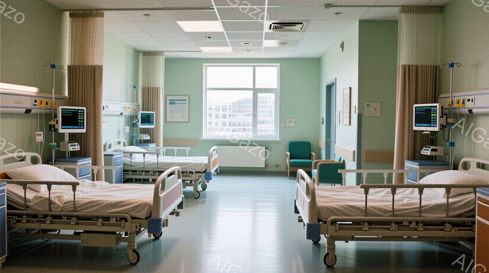 広々とした病院の病室には、白く清潔なベッドが整然と並んでいる。各ベッドには医療機器が設置され、モニタには何らかのデータが表示されている。大きな窓からは都市の風景が見え、室内は明るく、医療的ながらも穏やかな雰囲気が漂っている。