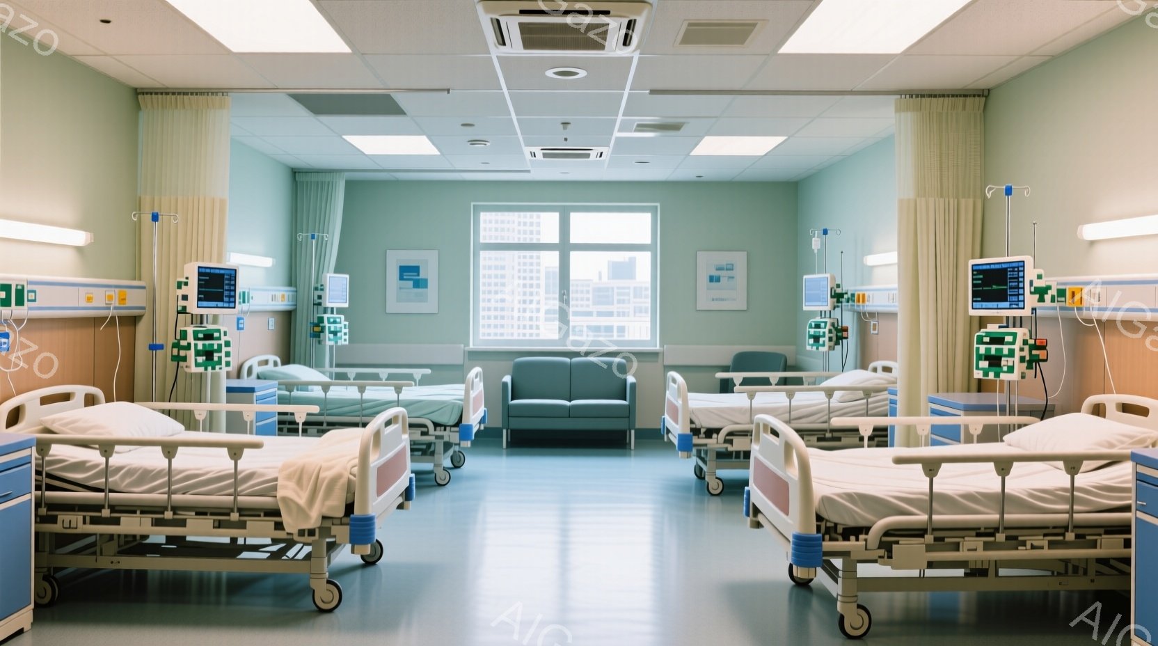 広々とした病室には、白いシーツが敷かれたベッドが整然と並んでいます。各ベッドには医療機器が設置されており、モニタには何らかのデータが表示されています。大きな窓からは都市の景色が見え、明るい日差しが差し込んでいます。
