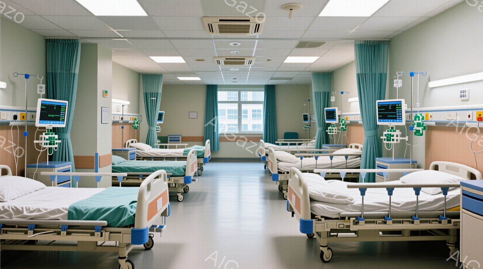 病院の病室の様子を示しています。白いベッドがいくつか並び、それぞれに医療機器が接続され、モニターに心電図などが表示されています。明るい室内は清潔で、窓からは自然光が差し込み、全体的に落ち着いた雰囲気で - AI生成フリー素材
