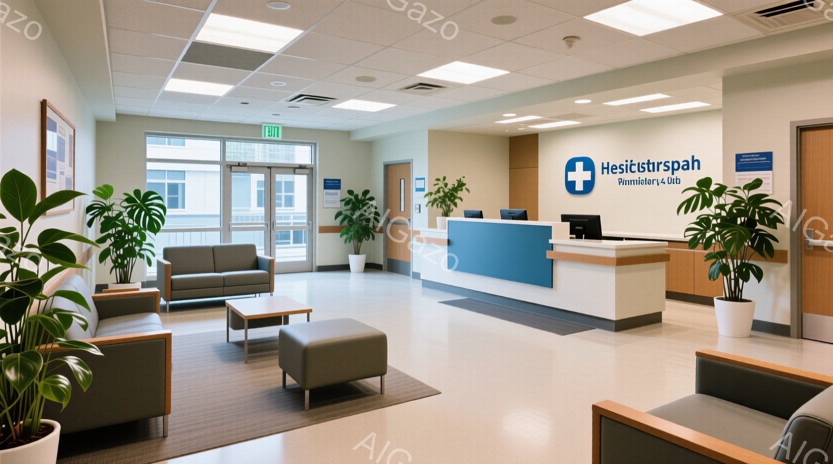 広々とした待合室で、クリーム色の壁と明るい床が印象的です。青色の受付カウンターがあり、いくつかの観葉植物が配置され、リラックスできる空間を演出しています。灰色のソファとオットマンが置かれ、落ち着いた雰囲気で待つことができるようになっています。