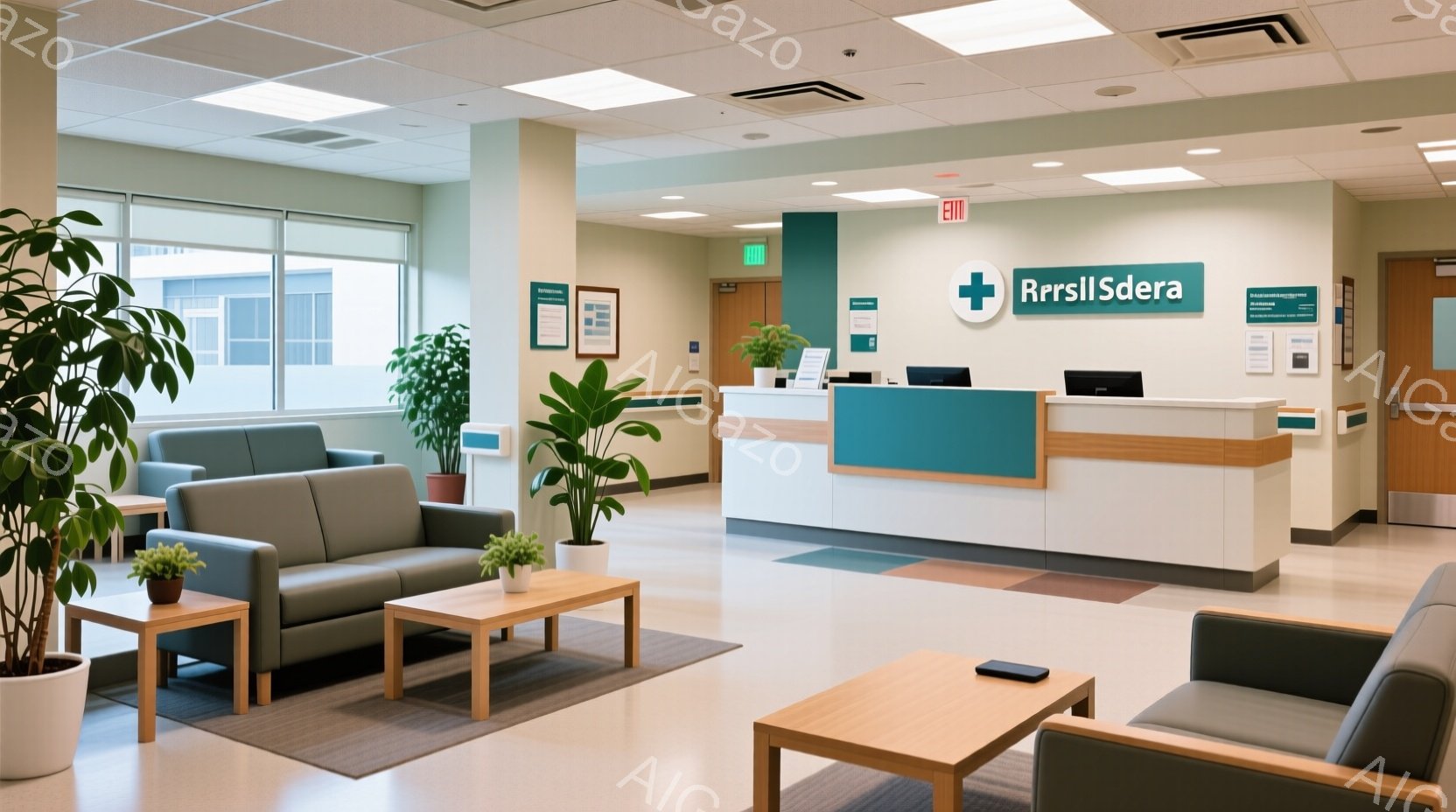 広々とした待合室で、落ち着いた緑色のアクセントウォールと明るい床が特徴的です。灰色のソファと木製のコーヒーテーブルが配置され、観葉植物が室内に彩りを添えています。受付カウンターには「RersilSde - AI生成フリー素材