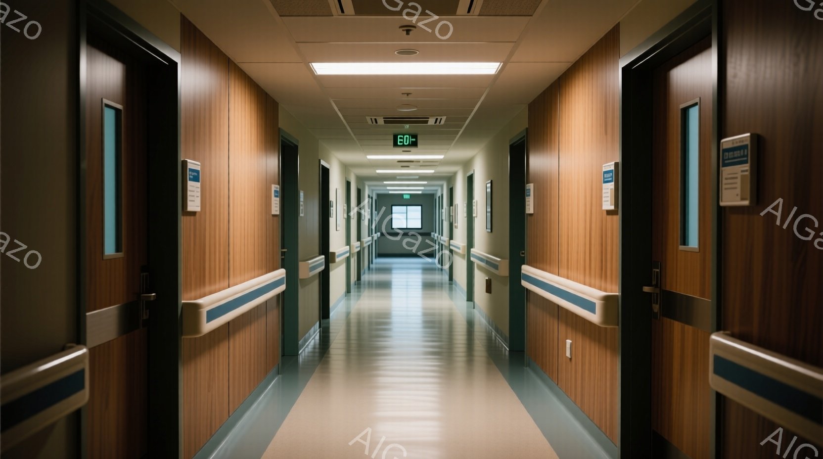 長い廊下が写真に写っており、左右に木目調のドアが並んでいる。廊下の床は光沢のある淡い緑色で、壁には保護用の手すりが設置されている。全体的に清潔感があり、病院や介護施設の静かで落ち着いた雰囲気が漂っている。