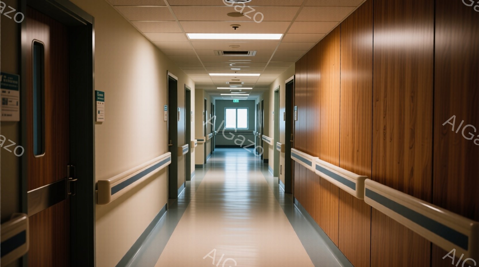 長い廊下は病院または介護施設内のものと思われ、木目調のドアが等間隔に並んでいます。床は明るいベージュ色で、廊下には保護のために沿って青い手すりが設置されています。全体的に清潔で静かで、落ち着いた雰囲気が漂っています。