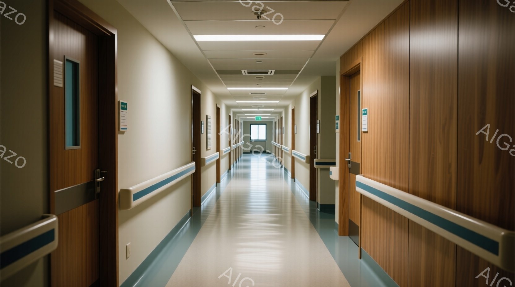 長い病院の廊下が写真に写っており、壁は木目調で、クリーム色のアクセントが入っています。廊下には規則的に配置されたドアと、壁に沿って伸びる保護的な手すりがあります。全体的に、廊下は清潔で無菌的であり、落 - AI生成フリー素材