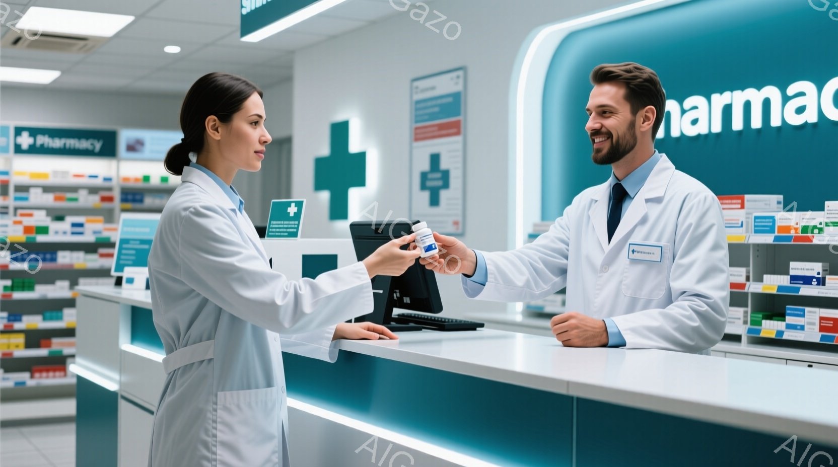白衣を着た女性薬剤師が、男性薬剤師に薬を渡しています。男性薬剤師は笑顔で受け取っており、両者ともプロフェッショナルな印象を与えます。背景には薬棚が並び、清潔感のある薬局のカウンターが広がっています。