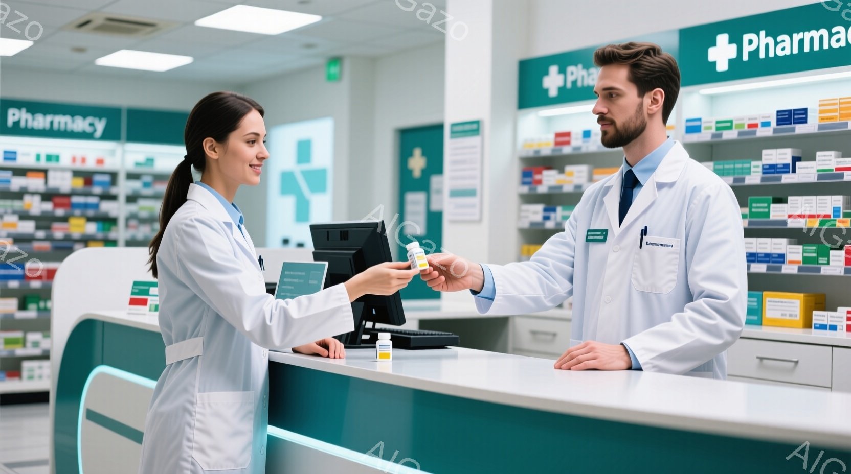 白衣を着た若い女性薬剤師が、同じく白衣を着た若い男性に薬を渡しています。二人はカウンター越しに顔を見合わせ、穏やかな表情で互いに接しています。背景には薬棚が並び、清潔感のある薬局の雰囲気が伝わってきます。