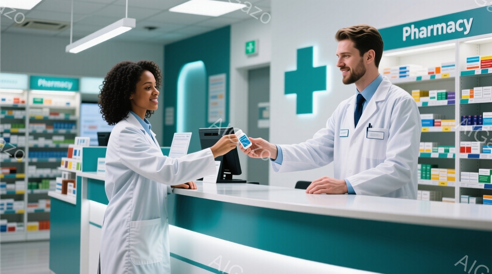 左に女性医師、右に男性医師が手をつなぎ、友好的な会話をする中で薬局の室内環境を感じます。薬局は明るく、現代的なデザインで、診療所としての機能が持っているようです。両者は白帽子を着用し、プロフェッショナルな姿勢を示しており、感謝や信頼の印象があります。