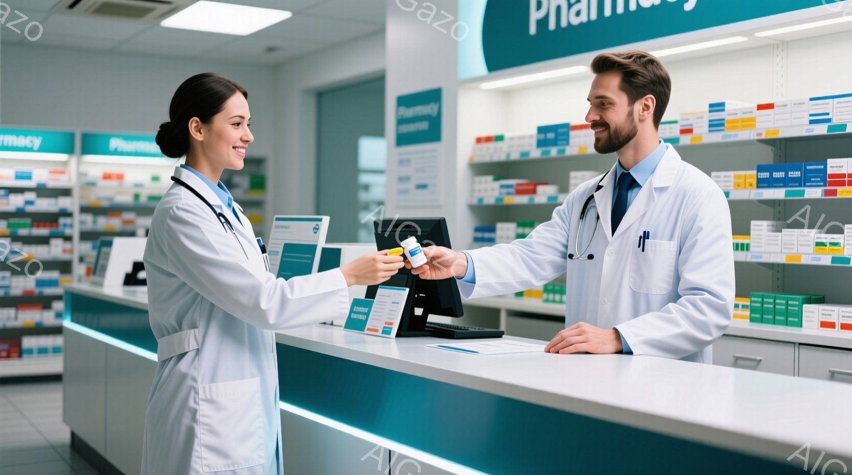 白衣を着た若い女性薬剤師と男性薬剤師が、薬局のカウンター越しに薬を交換しています。女性は微笑んでおり、男性は真剣な表情で薬を渡しています。背景には薬棚が並び、清潔感のある明るい薬局の雰囲気です。