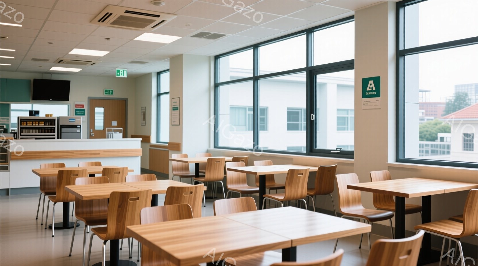 明るい休憩室または食堂で、木製のテーブルと椅子が整然と並べられています。大きな窓からは緑豊かな風景が見え、外は曇り空です。背景には、調理器具やシンクがあるキッチンエリアがあり、全体的に清潔で快適な雰囲気です。