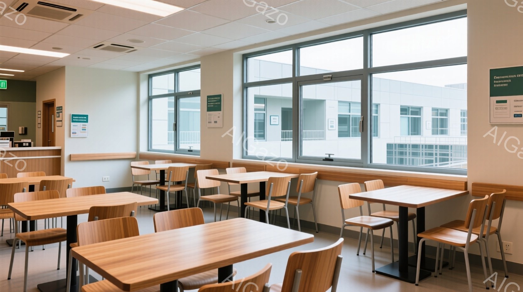 明るい光が差し込む清潔な食堂の様子で、木製のテーブルと椅子が整然と並べられています。大きな窓からは、灰色の建物が並ぶ外の風景が見え、天候は曇りか小雨のようです。食堂内は誰もいないため、静かで落ち着いた雰囲気です。