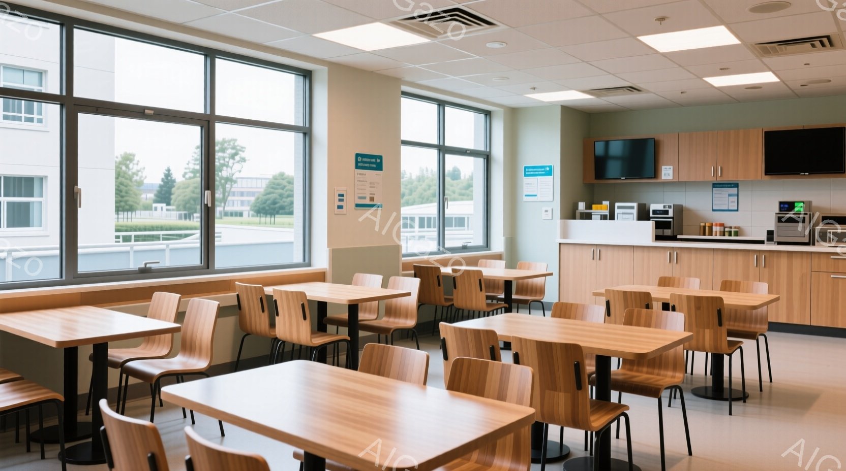 広々とした休憩室には、木製のテーブルと椅子が整然と並べられています。大きな窓からは緑豊かな風景が見え、明るい自然光が差し込み、清潔感のある空間を演出しています。壁には掲示板やモニターが設置され、キッチ - AI生成フリー素材