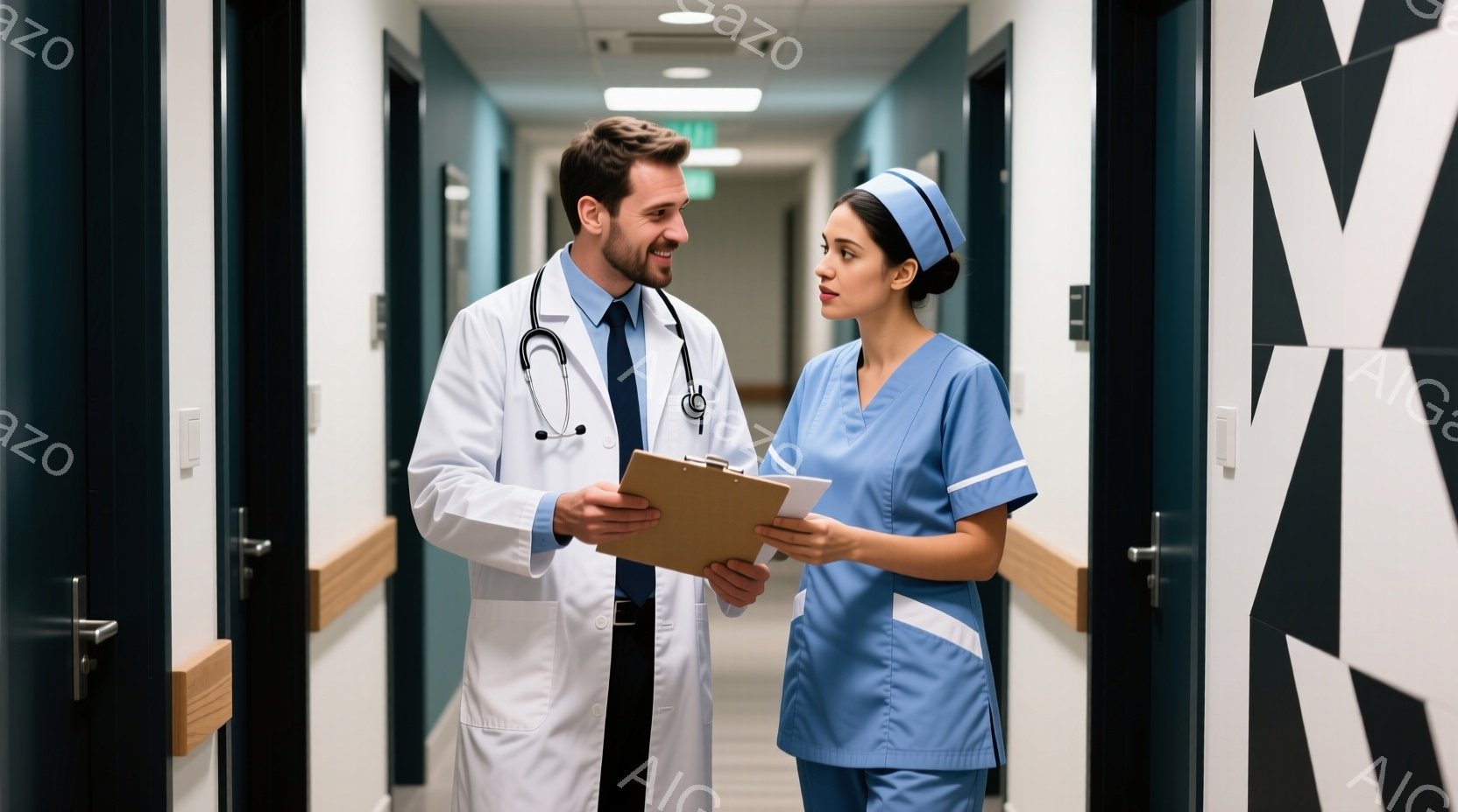白衣を着た男性医師と、ターコイズブルーのスクラブとヘアキャップをつけた女性看護師が、廊下でクリップボードを見ながら会話しています。医師は笑顔で、看護師は真剣な表情で、プロフェッショナルな雰囲気が漂っています。背景は病院の廊下で、モダンなアートワークが飾られています。