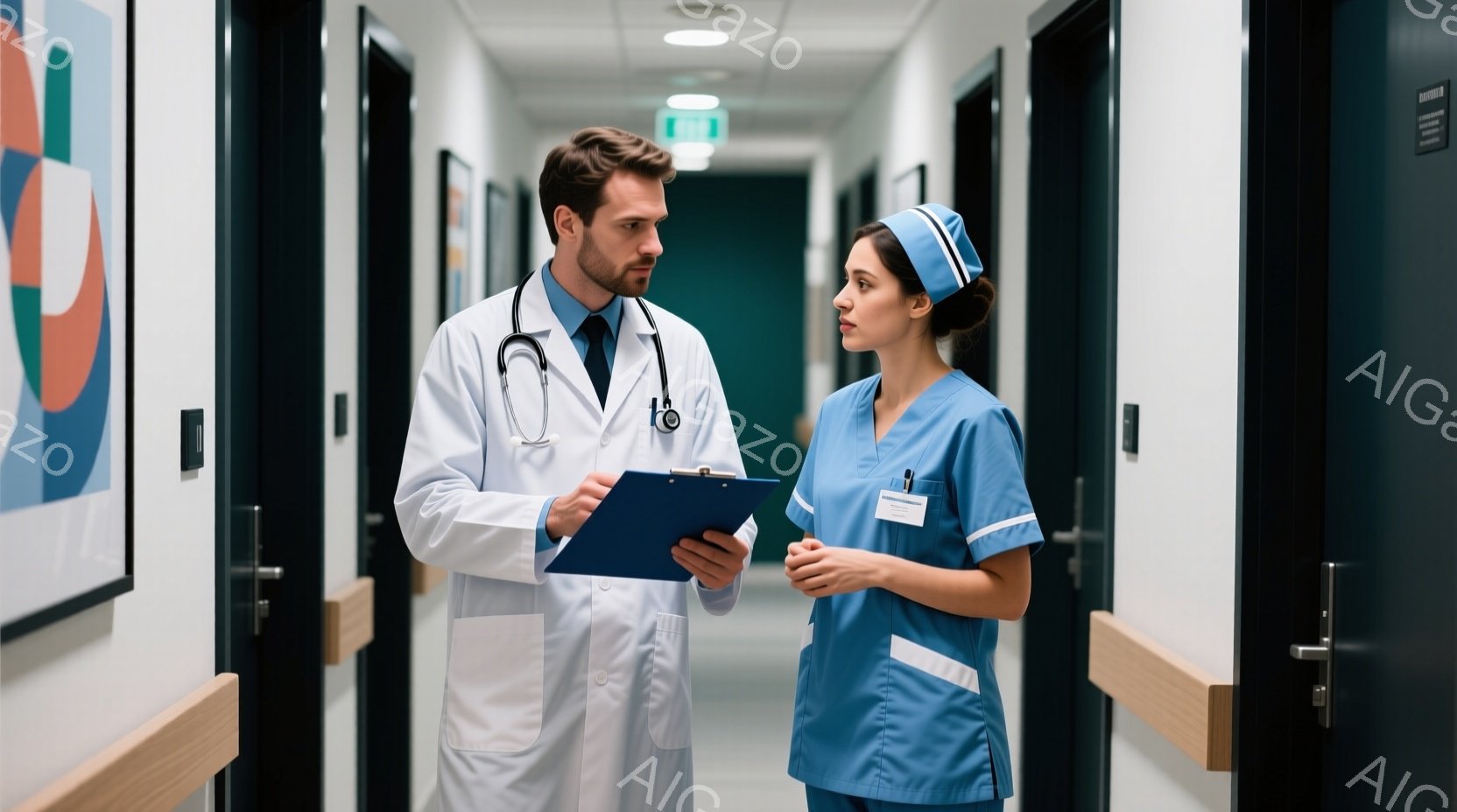 白衣を着た男性医師と、ターコイズブルーのスクラブを着た女性看護師が廊下で話しています。医師はクリップボードを持って何かを確認しており、やや真剣な表情をしています。廊下は病院の内部で、白を基調とした清潔な空間が広がっています。