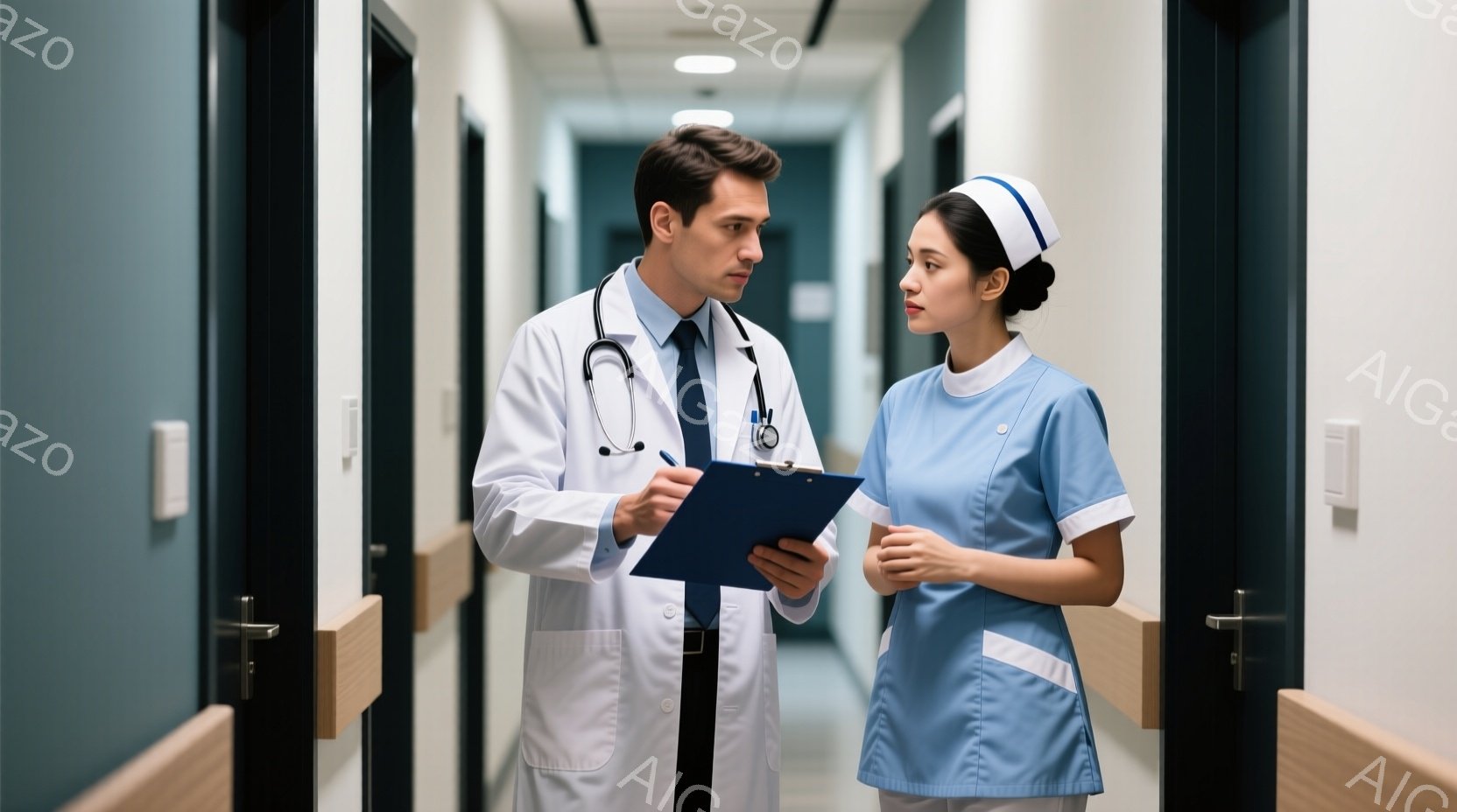 白衣を着た男性医師と、水色の制服を着た女性看護師が廊下で書類を見ながら話しています。医師はクリップボードを持ち、真剣な表情で何かを説明しているようであり、看護師はそれを聞きながら少し心配そうな顔をしています。廊下は病院のような雰囲気で、ドアが並び、白を基調とした清潔な印象を与えます。