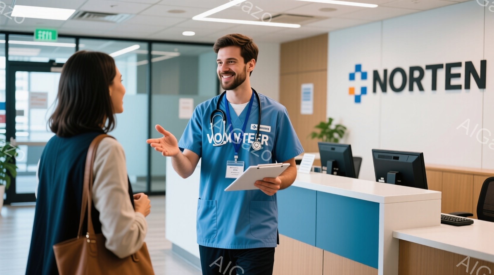 医療従事者の男性が、受付カウンターの前で女性と話しています。彼は青いスクラブ、聴診器、そして身分証を付けており、笑顔でジェスチャーを交えながら話しています。背景には受付のパソコンや植物が見え、清潔感のある明るい雰囲気の病院内であることがわかります。