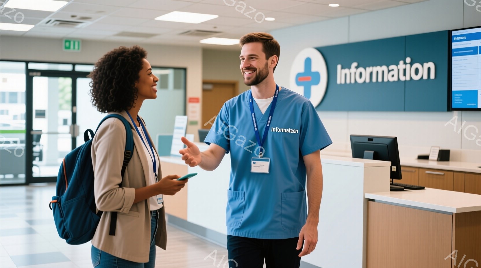 一人の女性がスマートフォンを持って立っており、青い制服を着た男性が彼女に向かって話しかけています。背景には受付カウンターとモニターがあり、「Information」と表示されています。室内は明るく清潔で、病院や公共施設の受付の様子を表しています。