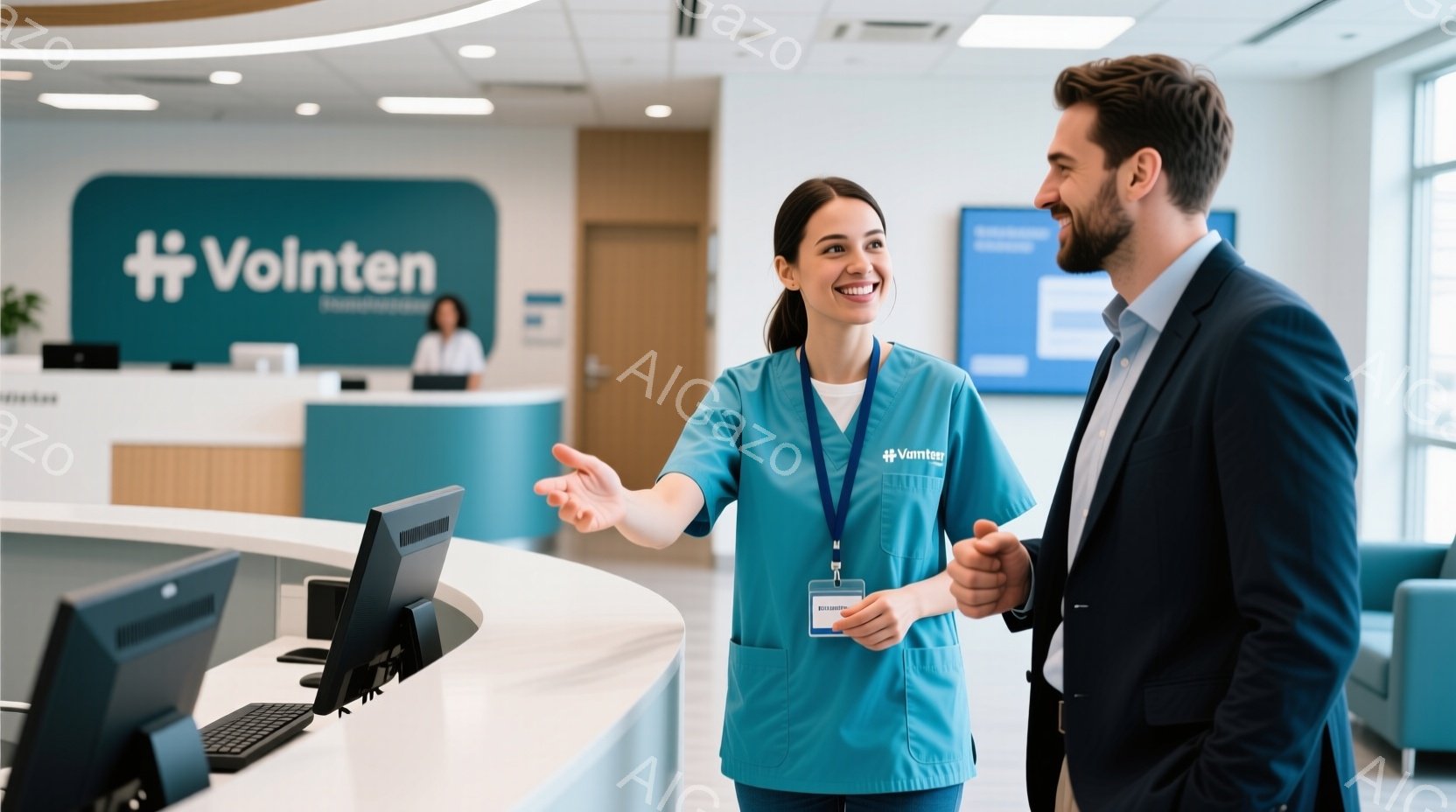 医療機関の受付カウンターで、ターコイズブルーのスクラブを着た女性職員が笑顔で身振り手振りしながら男性と話しています。男性は紺色のジャケットと白いシャツを着ており、女性の方を向いて微笑んでいます。背景には受付カウンターと待合スペースがあり、全体的に清潔で明るい雰囲気です。