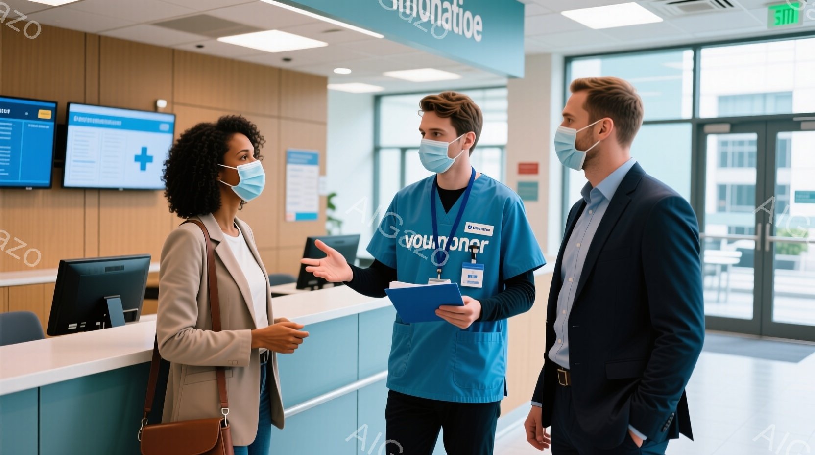 医療機関の受付カウンターで、マスクをした女性と男性の職員が会話しています。女性はベージュのジャケットを着ており、片手に書類を持っています。男性職員は青いスクラブを着ており、クリップボードを持っています。