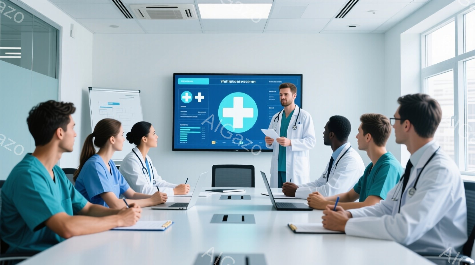 会議室で医療チームが集まっており、一人の男性医師がプレゼンテーションをしている。参加者は白衣またはスクラブを着ており、真剣な表情で医師の話に耳を傾けている。背景にはモニターがあり、医療関連のグラフやデ - AI生成フリー素材
