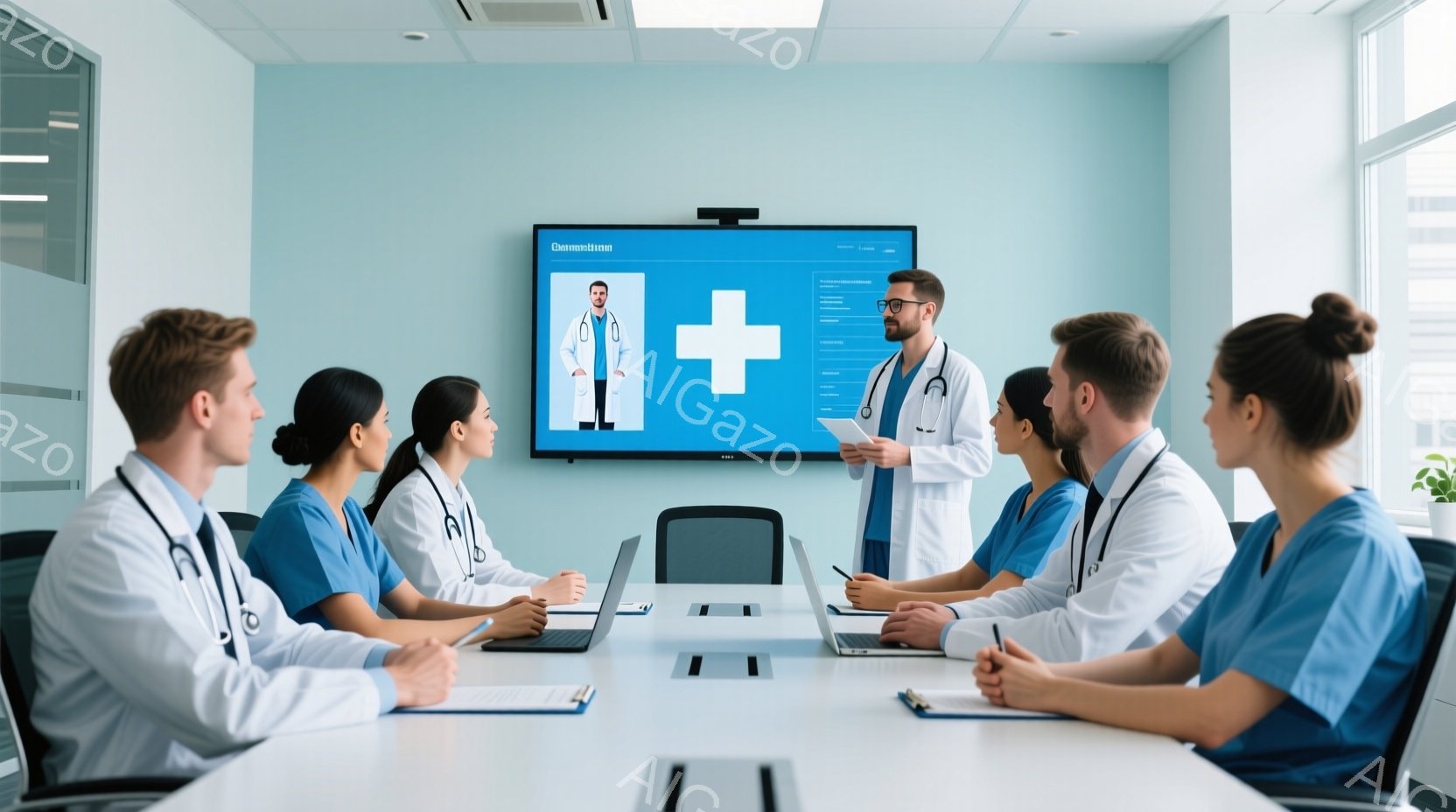 医療チームが会議室に集まり、プレゼンテーションを聞いています。メンバーは白衣を着用し、数人がスクラブを身につけており、真剣な表情で話に耳を傾けています。室内は明るく清潔で、壁にはテレビ画面が設置されており、全体的にプロフェッショナルで集中した雰囲気が漂っています。