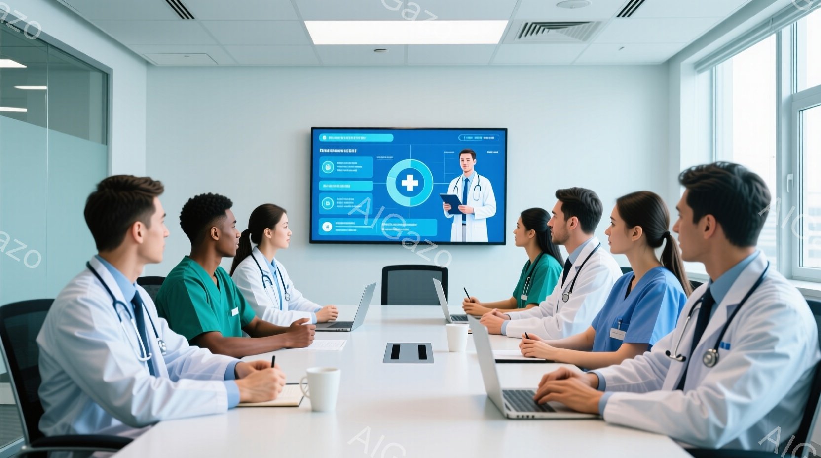 医療従事者たちが会議室に集まり、議論している様子が写っている。彼らは白衣やスクラブを着ており、首からは聴診器をかけている。顔は真剣で、何かに集中している様子が伺える。 - AI生成フリー素材