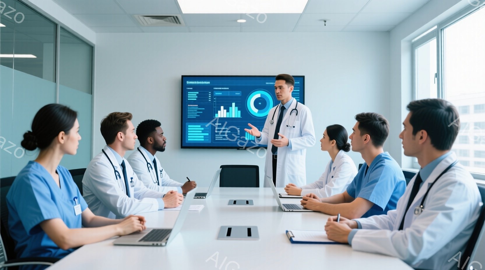 会議室で医療チームが会議を行っている様子が写っています。白衣を着た男性医師がプレゼンテーションを行い、他の医師や看護師たちはテーブルを囲んで彼を見つめています。背景にはモニターがあり、医療データが表示されており、全体的に真剣でプロフェッショナルな雰囲気が漂っています。