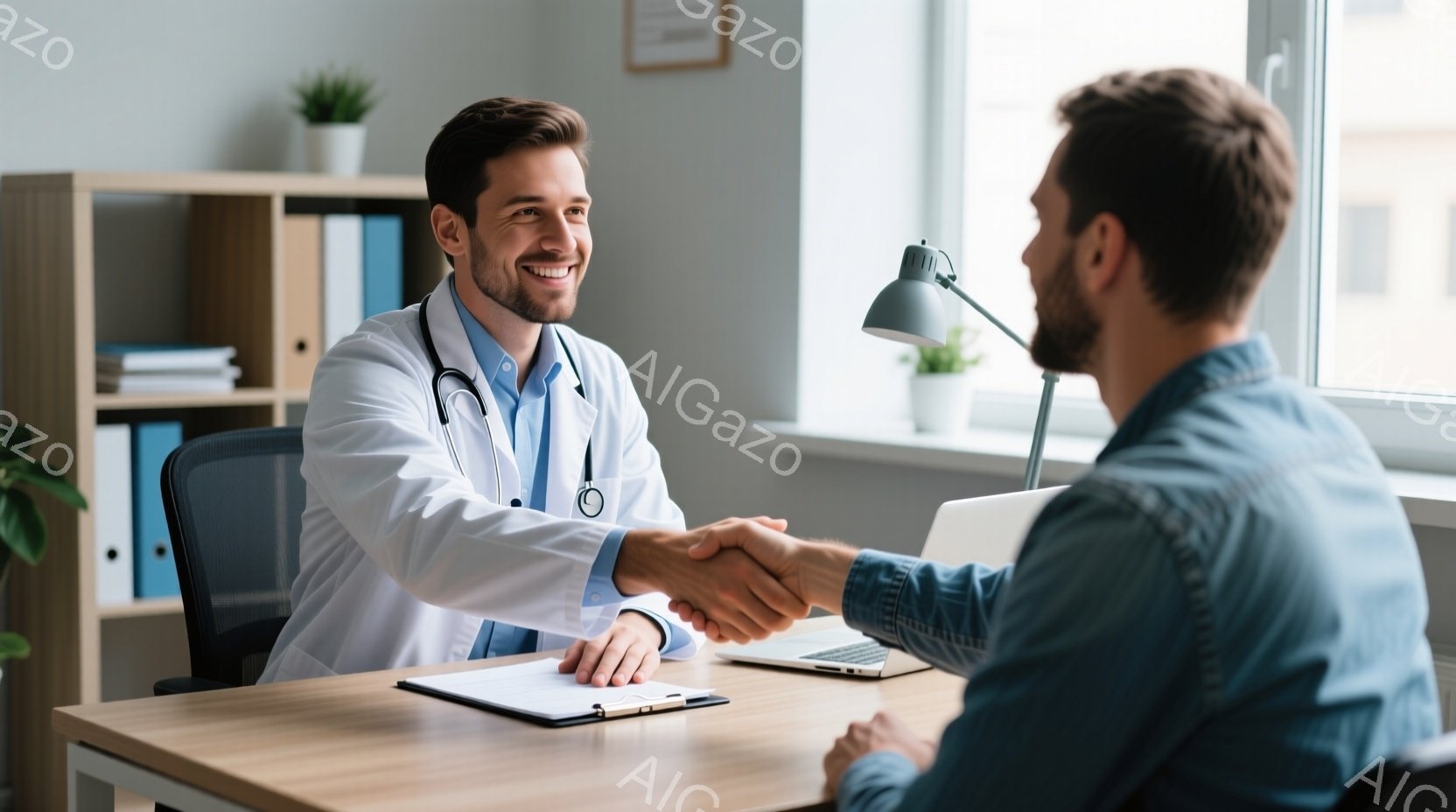白衣を着た男性医師が、患者と思われる男性と握手をしており、互いに笑顔を見せています。医師は短髪で、患者は髭を生やしており、どちらもリラックスした表情です。背景にはオフィスのような空間があり、棚、机、ノートパソコン、そして窓からの自然光が見え、全体的に温かく友好的な雰囲気です。