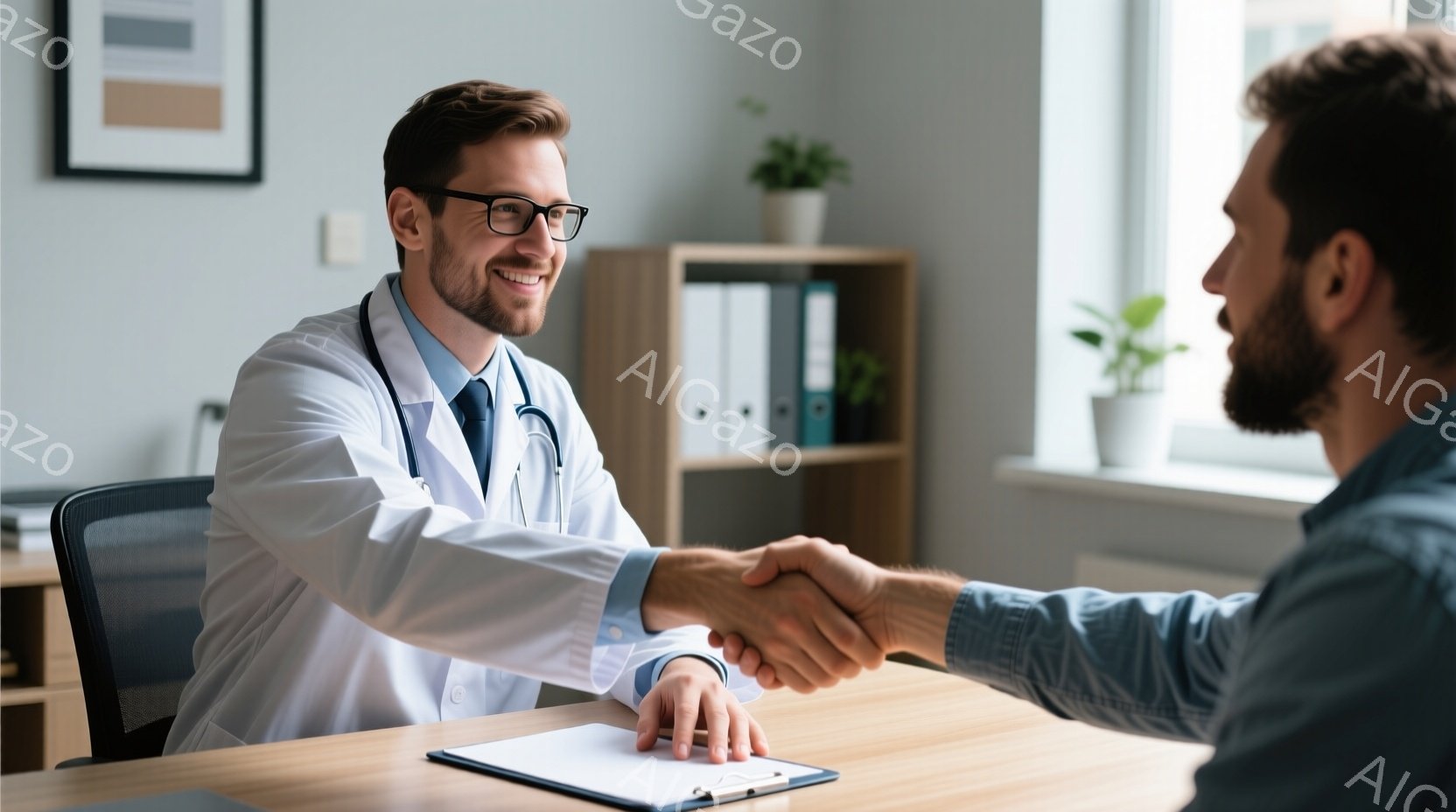 白衣を着た男性医師が、患者らしき男性と握手をしています。医師は眼鏡をかけ、笑顔で患者を見つめており、患者もまた穏やかな表情で握手に応えています。背景にはオフィスのような室内で、棚や書類、窓から差し込む自然光が見られ、全体的に安心感のある雰囲気です。