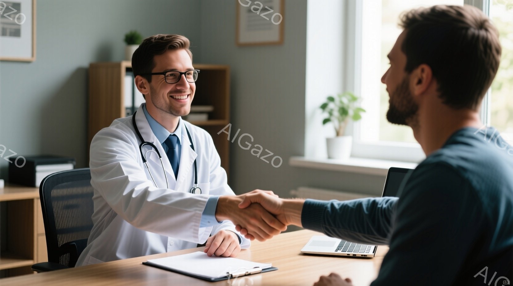 白衣を着た若い男性医師が、患者と思われる男性と握手をしています。医師は笑顔で、患者も同様に友好的な表情をしています。背景には木製のデスクと椅子、そして窓から自然光が入っており、全体的に安心感のある雰囲気です。