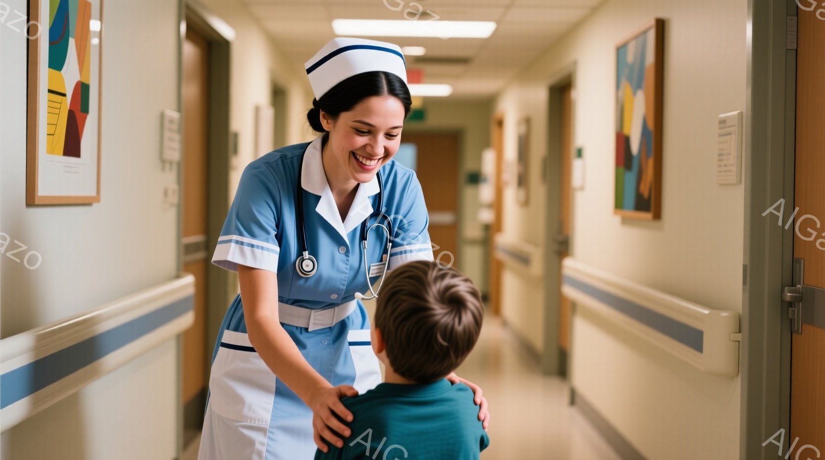 看護師は、病院の廊下で少年と温かく接している。彼女は、白いストライプが入った水色の制服を着て、首から聴診器を下げ、微笑んでいる。廊下は白と青を基調とした清潔感のある空間で、壁には絵画が飾られている。
