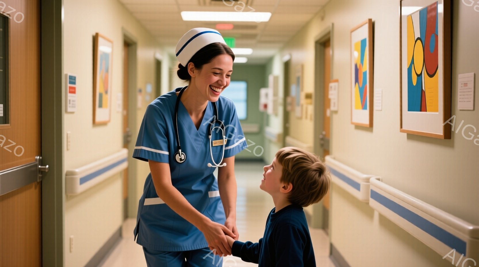 看護師はターコイズブルーのスクラブと白いヘッドバンドを着て、首から聴診器をかけて笑顔で少年を見下ろしています。少年は青いセーターを着て、看護師を見上げて同じように笑っています。二人は病院の廊下で手をつないでおり、背景にはアート作品が飾られた壁と病院の設備が見え、温かく希望に満ちた雰囲気です。