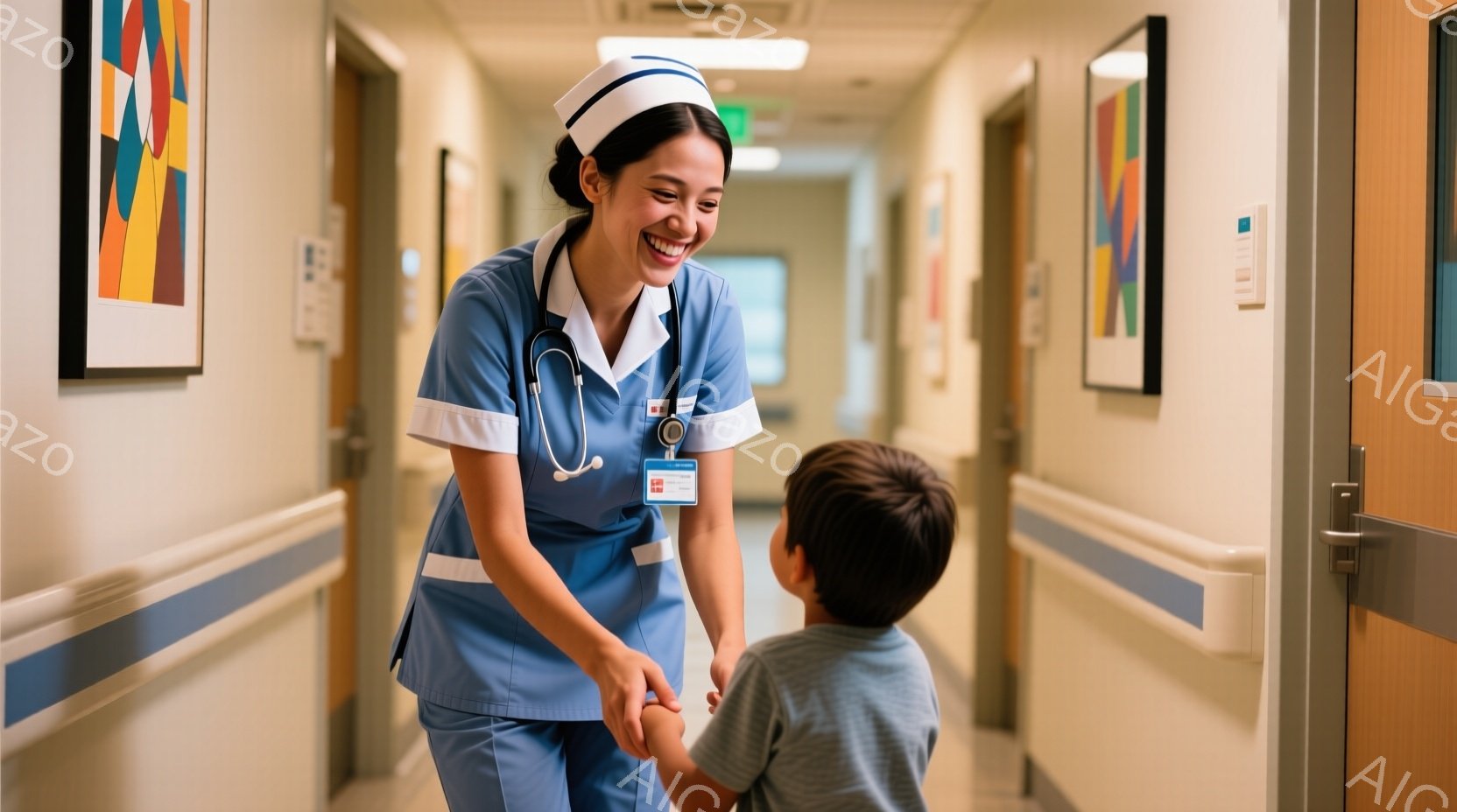 看護師は明るい笑顔で、少年とハイタッチをしています。彼女は青いスクラブと白の帽子を着用し、首には聴診器をかけています。病院の廊下で、壁には抽象画が飾られ、暖かく親しみやすい雰囲気が漂っています。