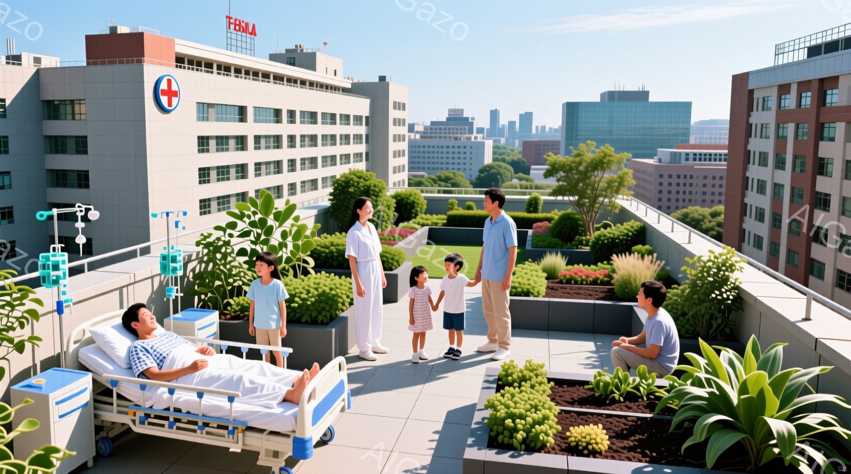 屋上庭園に患者の男性と、彼を見舞う家族と医療スタッフが写っている。男性は病院のベッドに横たわり、点滴を受けている。家族はカジュアルな服装で、笑顔で彼を見つめ、医療スタッフは白い制服を着て、安心感を与えるような表情をしている。