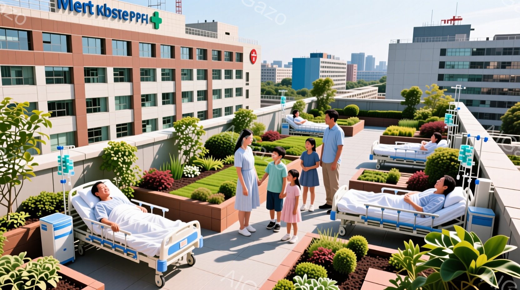 屋上庭園に患者が数台のベッドでリラックスしている様子が描かれています。患者は青いパジャマを着ており、穏やかな表情を浮かべています。背景には高層ビル群と緑豊かな庭園が広がり、晴天の下、開放的で心安らぐ雰囲気です。