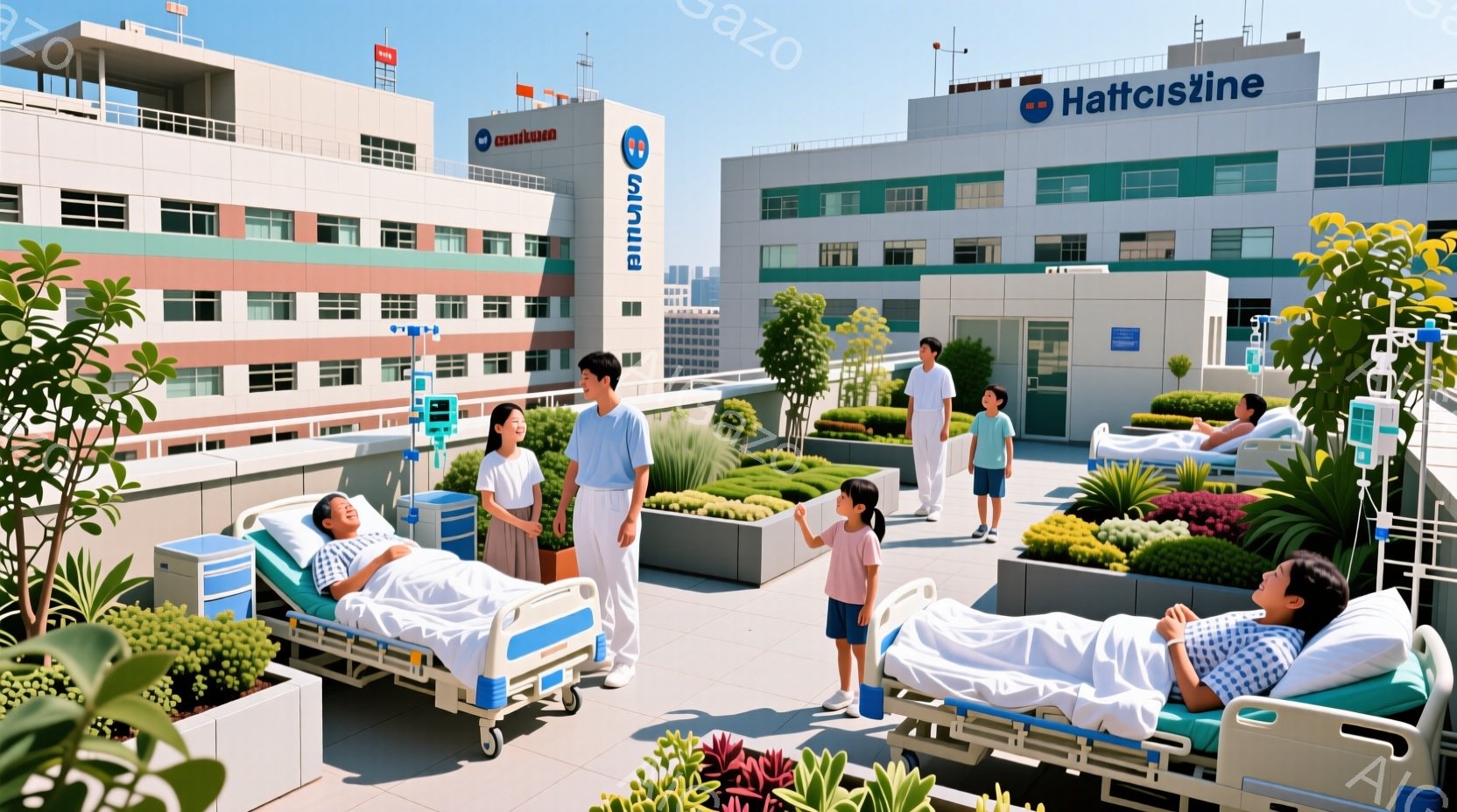 屋上庭園のような場所で、数人の患者がベッドに横たわっており、医療従事者が彼らのそばに立っている。患者たちはリラックスした様子で、医療従事者は親切な表情で患者とコミュニケーションをとっているように見える。背景には、カラフルな建物や緑豊かな植物が見られ、晴れた空の下、穏やかで希望に満ちた雰囲気が漂っている。